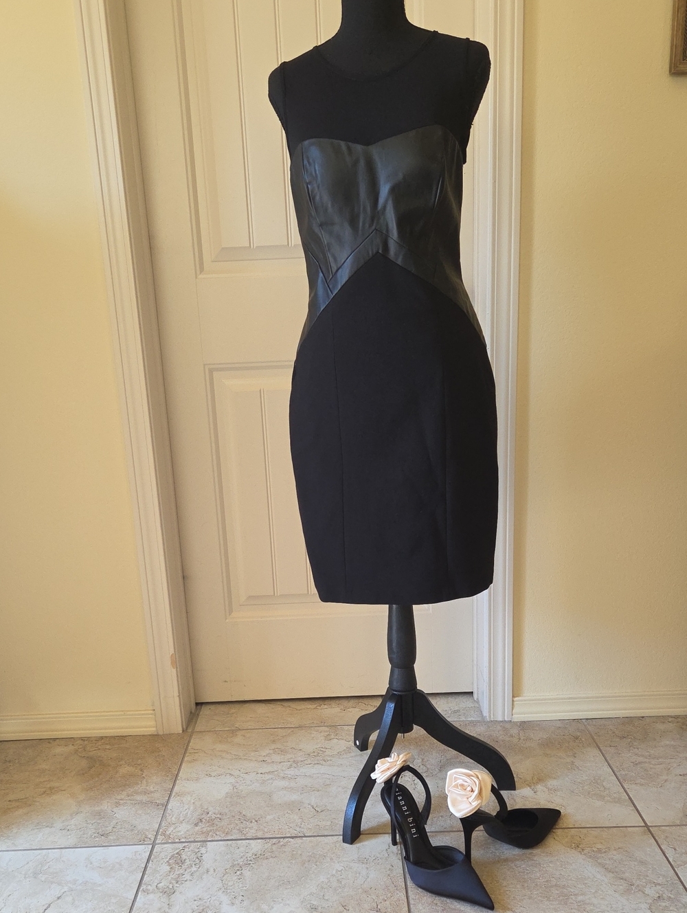 Aidan Mattox Faux Leather & Mesh Sheath Dress, Black, Size 8